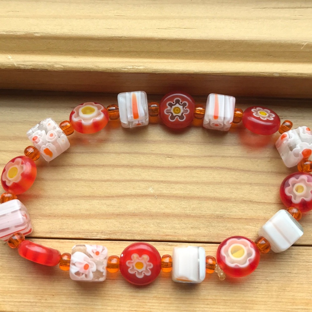 Orange and yellow floral beaded bracelet